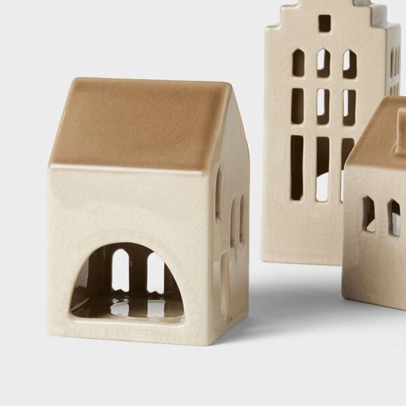 3pc Ceramic Village LED Tea Light Holder Set - Threshold Studio McGee 2024 - Picture 3 of 6